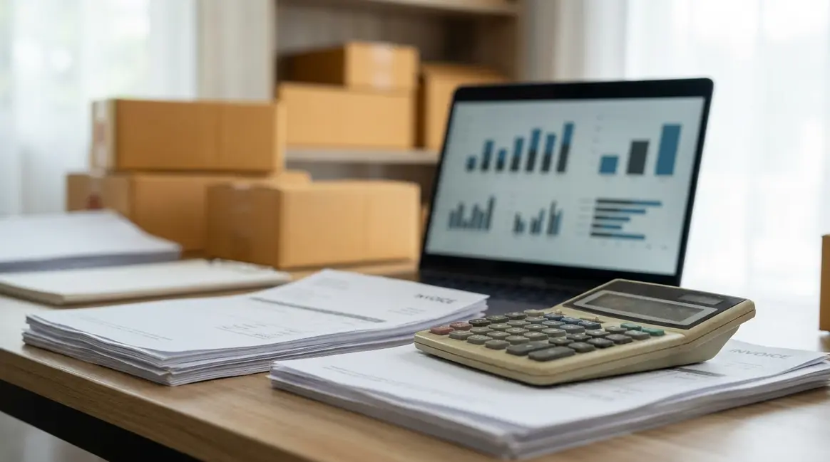 Mesa de escritório com notas fiscais, calculadora, laptop exibindo gráficos de vendas e pequenos pacotes de produtos ao fundo, simbolizando a gestão de um e-commerce impactado por novas regulamentações.