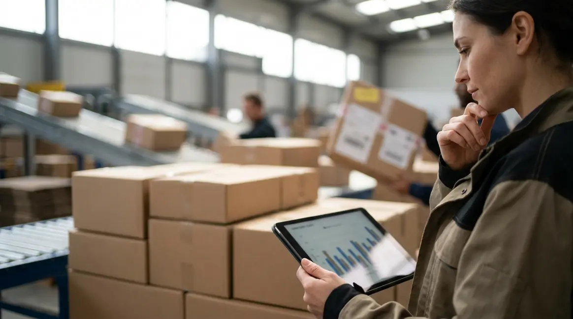 Um armazém de e-commerce com caixas empilhadas e um vendedor olhando para um tablet com gráficos de vendas, enquanto ao fundo, pacotes com etiquetas de envio internacional são processados.