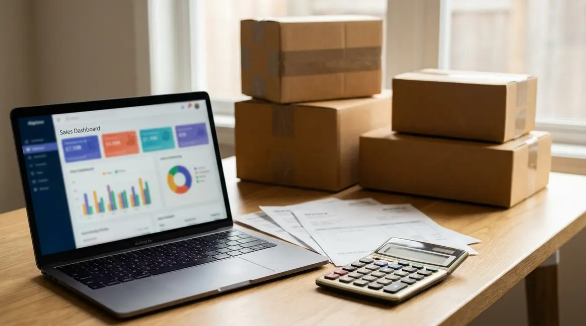 Mesa de escritório com um laptop exibindo um dashboard de vendas, notas fiscais e uma calculadora, simbolizando a análise de custos e impostos para um vendedor de e-commerce. Ao fundo, caixas de pacotes empilhadas, indicando a operação logística.