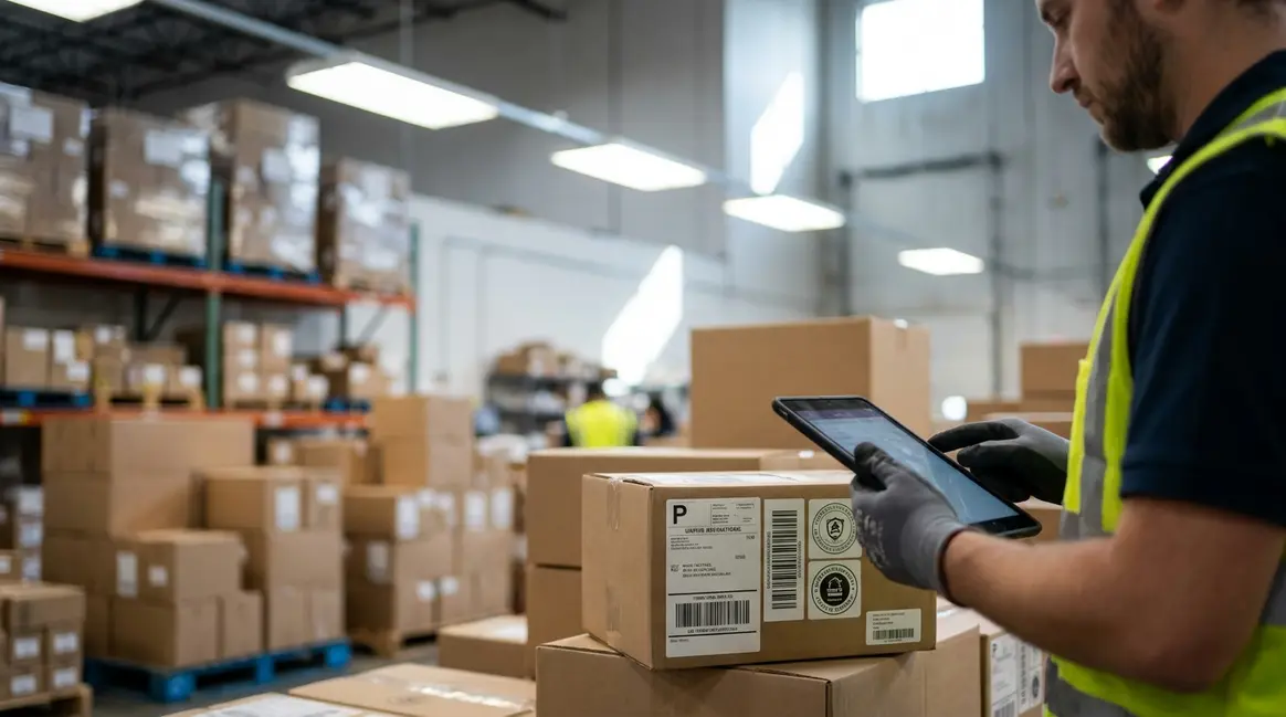 Um armazém de e-commerce com caixas empilhadas e um trabalhador conferindo etiquetas de envio em um tablet, com foco em pacotes que indicam origem internacional e selos de conformidade. A iluminação é clara e funcional, destacando a organização e o volume de mercadorias.