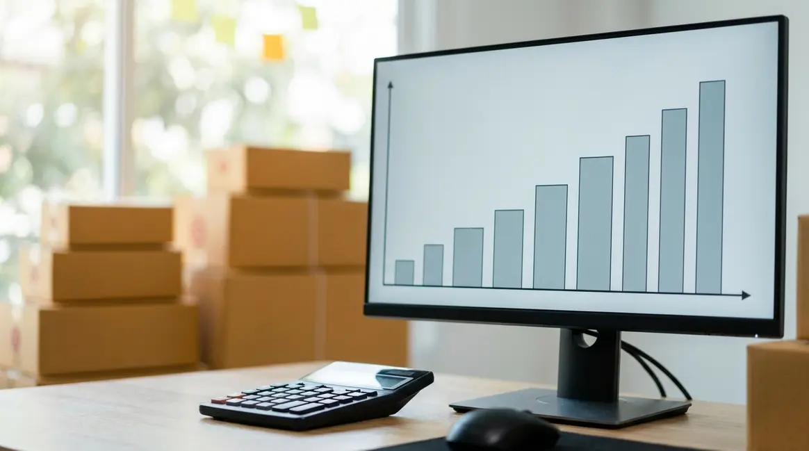 Um gráfico de barras ascendente em uma tela de computador, com pacotes de e-commerce ao fundo e uma calculadora sobre a mesa, simbolizando o aumento das importações e a análise financeira.