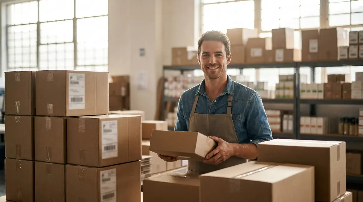 Vendedor de e-commerce sorrindo em seu estoque organizado, com caixas de produtos embalados e etiquetas de envio, simbolizando o aumento de vendas e a competitividade.