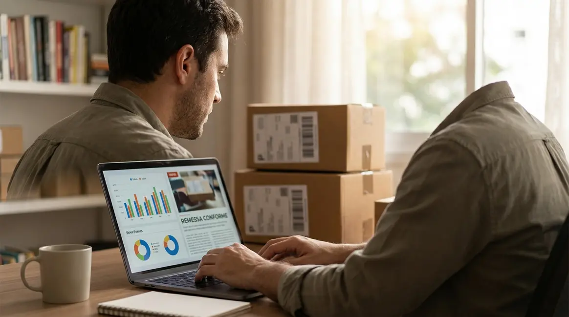 Um vendedor de e-commerce em seu escritório doméstico, olhando para um laptop que exibe gráficos de vendas e notícias sobre o Remessa Conforme. Ao fundo, caixas de produtos embalados e etiquetas de envio, com uma luz suave iluminando a cena.