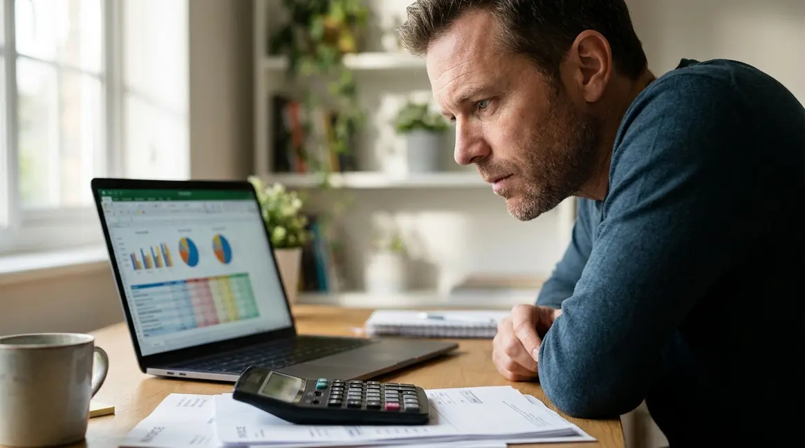 Um vendedor de e-commerce em seu escritório doméstico, olhando para um laptop que exibe gráficos de vendas e planilhas de custos, com uma calculadora e notas fiscais espalhadas na mesa. A iluminação é clara e focada no rosto do vendedor, transmitindo um senso de análise e planejamento.
