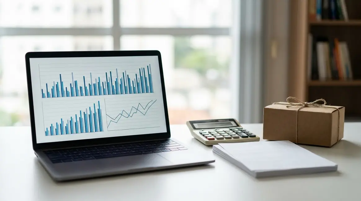 Mesa de escritório com um laptop exibindo gráficos de vendas, ao lado de uma calculadora, notas fiscais e um pequeno pacote de e-commerce, simbolizando a análise financeira e o impacto das novas regras fiscais.