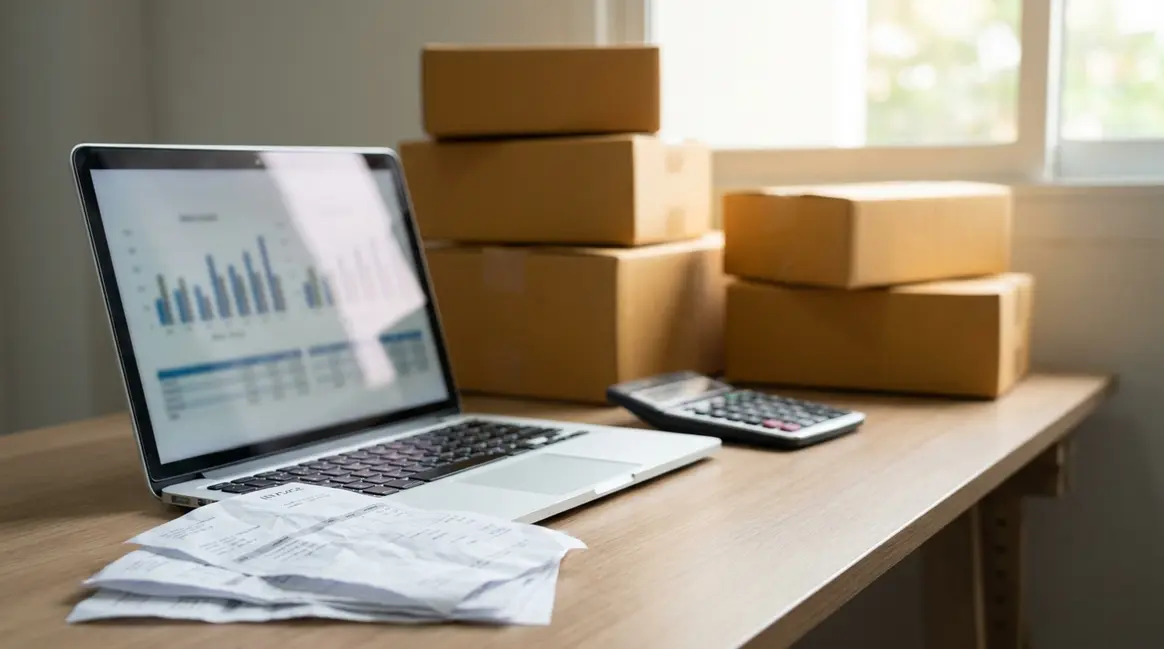 Mesa de escritório com um laptop exibindo gráficos de vendas e uma calculadora ao lado de notas fiscais e caixas de embalagem ao fundo, em um ambiente de e-commerce.