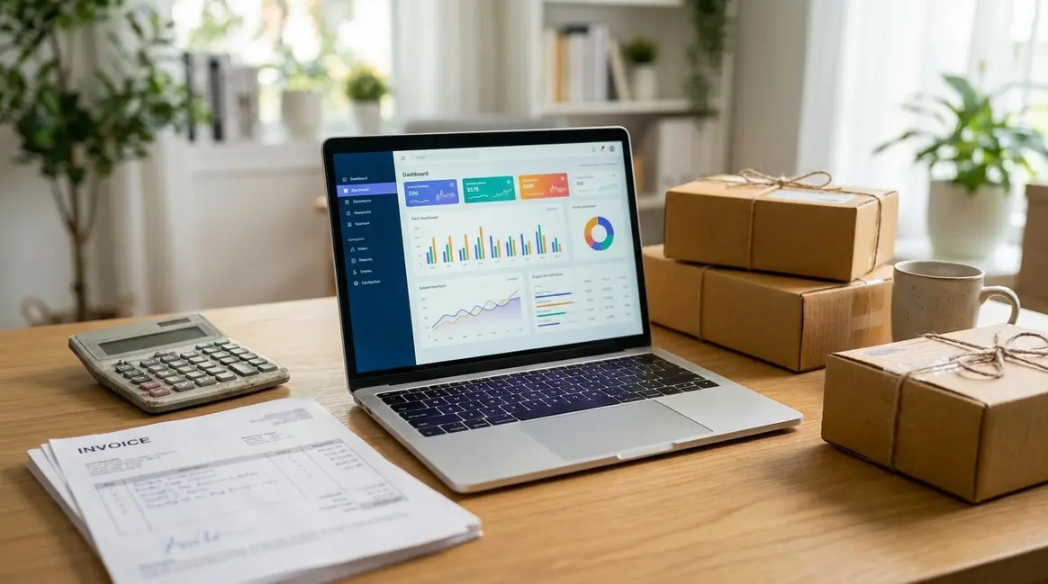 Mesa de escritório com um laptop exibindo o painel de controle do Mercado Ads, ao lado de uma calculadora, notas fiscais e alguns pacotes de produtos prontos para envio, com iluminação clara e focada no trabalho do vendedor.