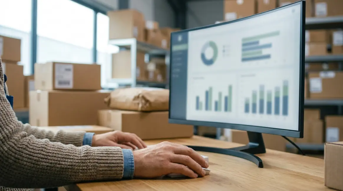 Mãos de um vendedor de e-commerce analisando uma tela de computador com gráficos de custos de frete e pacotes de envio desfocados ao fundo em um armazém.