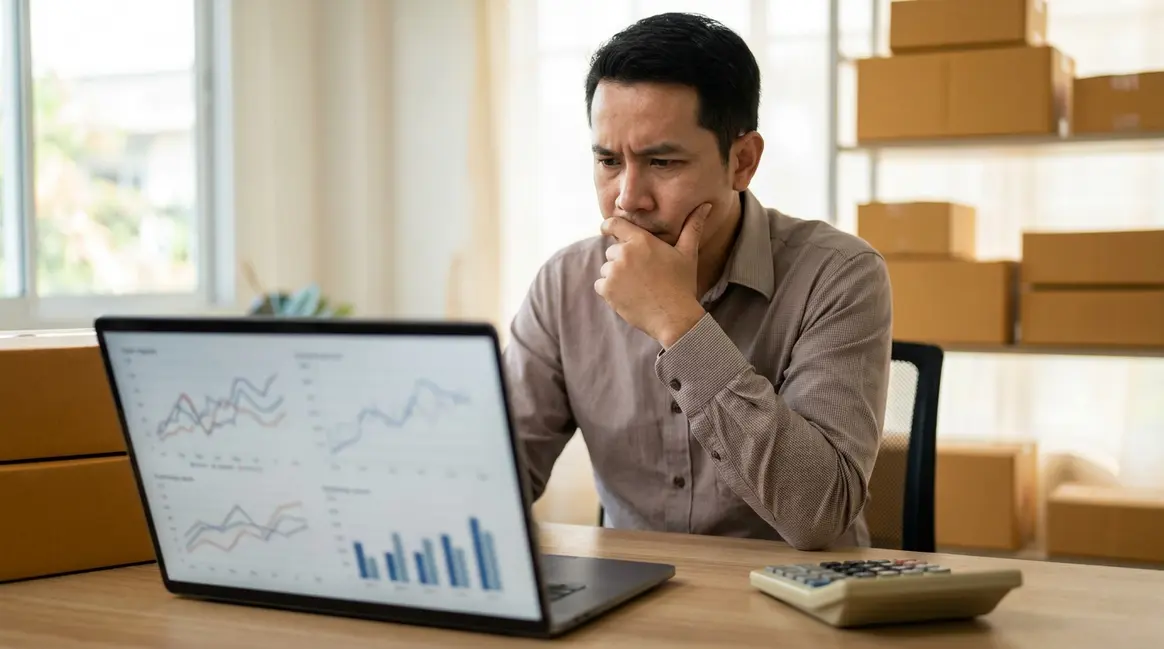 Um vendedor de e-commerce em seu escritório, olhando para um laptop com gráficos de vendas e uma calculadora ao lado, com caixas de produtos embalados ao fundo, refletindo preocupação e análise financeira.