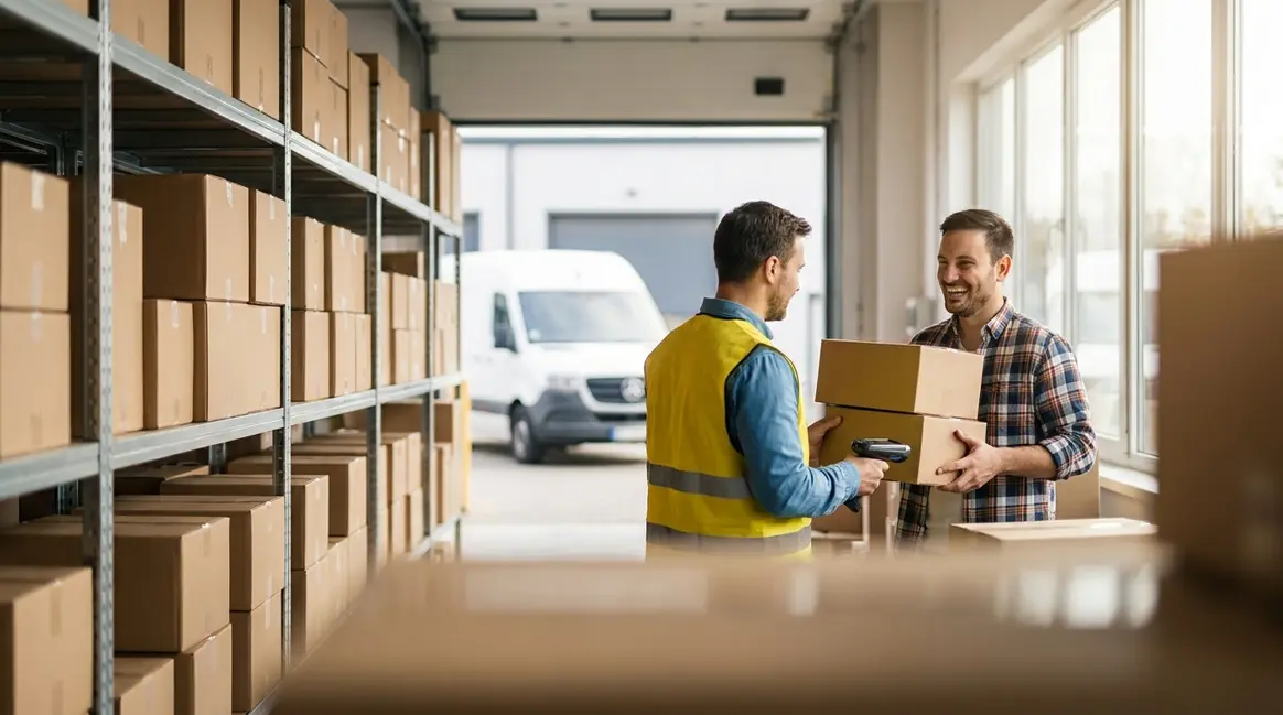 Um armazém organizado com caixas empilhadas e um funcionário do Mercado Livre coletando pacotes de um vendedor sorridente, com um veículo de entrega ao fundo.