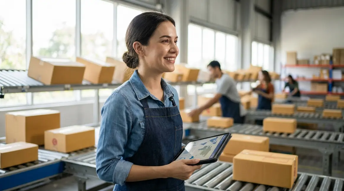 Um armazém de e-commerce moderno com pacotes sendo preparados para envio rápido, um funcionário sorrindo enquanto verifica um tablet com rotas de entrega otimizadas. Luz natural entrando pelas janelas, criando um ambiente dinâmico.