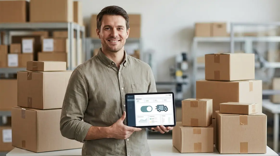 Um vendedor de e-commerce sorrindo em seu armazém, com pacotes prontos para envio e um tablet exibindo o painel do Mercado Livre com a opção Envio Flex ativada. A iluminação é clara e o ambiente organizado, transmitindo eficiência.