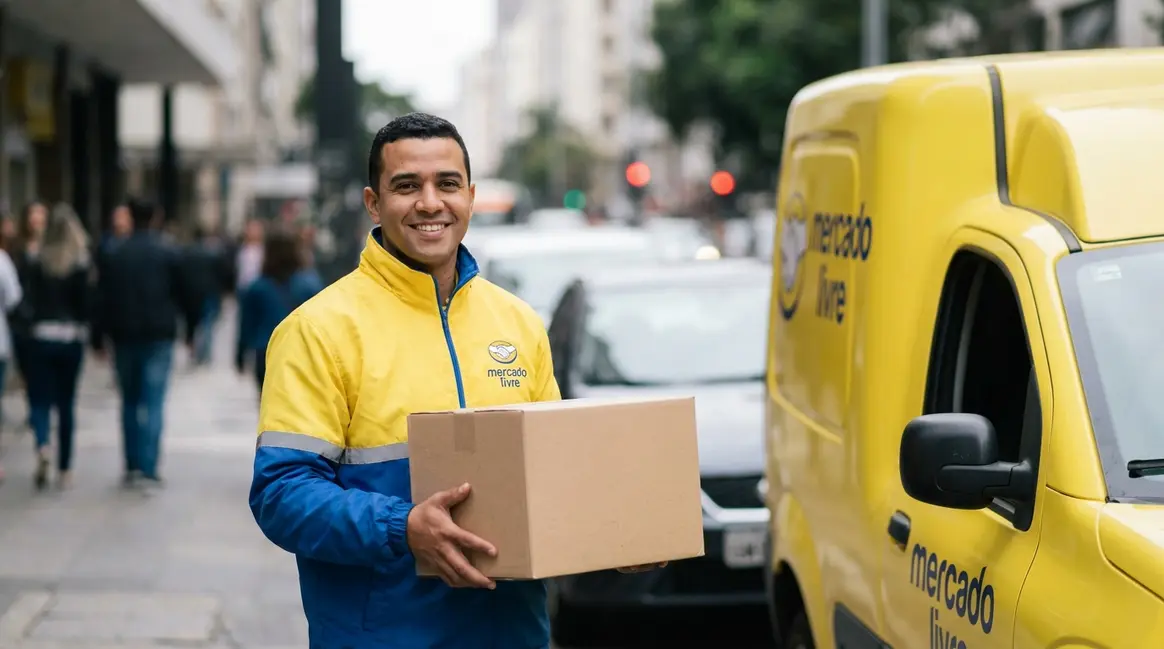 Um entregador sorridente com uniforme do Mercado Livre, segurando um pacote, ao lado de uma van de entrega em uma rua movimentada da cidade. Foco na agilidade e eficiência da entrega.