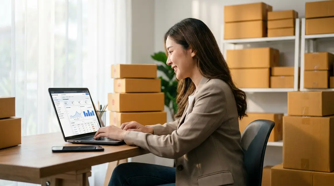 Um vendedor de e-commerce sorrindo, sentado em frente a um laptop exibindo uma interface de gerenciamento de anúncios em massa, com caixas de produtos empilhadas ao fundo em um ambiente de escritório organizado.