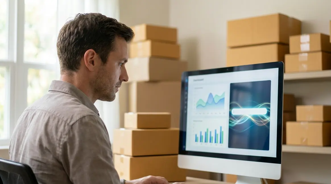 Cena de um vendedor de e-commerce em seu escritório, olhando para um monitor que exibe um dashboard do Mercado Livre com gráficos de desempenho e um campo de texto sendo preenchido automaticamente por IA. Há caixas de produtos embaladas ao fundo, sugerindo eficiência e volume de vendas.
