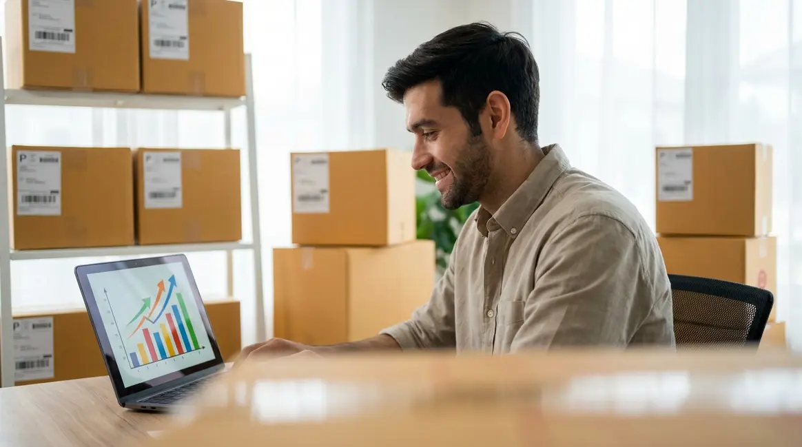 Um vendedor de e-commerce sorrindo, olhando para a tela de um laptop que exibe um painel de controle com gráficos de vendas em alta, enquanto pacotes de produtos estão organizados ao fundo em um ambiente de escritório ou pequeno armazém.