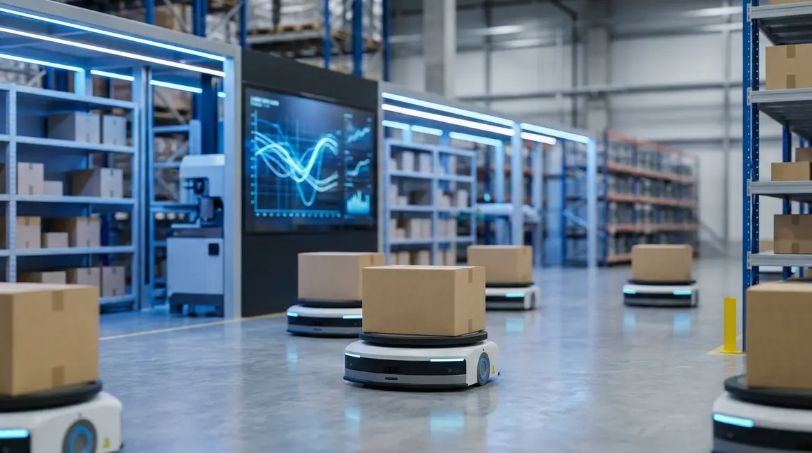 Um armazém moderno do Mercado Livre com robôs autônomos movimentando pacotes e um painel digital exibindo rotas otimizadas por IA. A cena é iluminada por luzes LED azuis e brancas, transmitindo modernidade e eficiência.