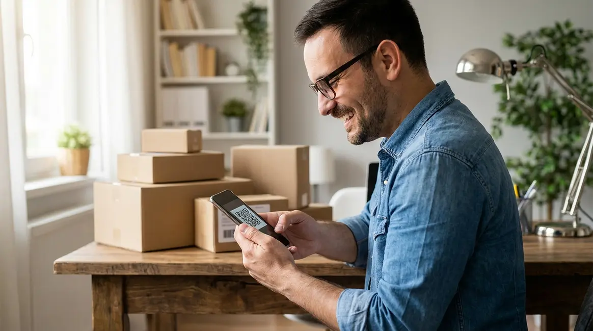 Um vendedor de e-commerce sorrindo enquanto escaneia um QR code em seu smartphone, com pacotes prontos para envio em uma mesa de madeira ao fundo, em um ambiente de escritório doméstico bem iluminado.