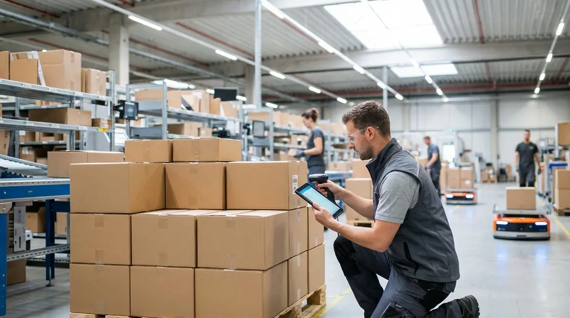 Armazém de e-commerce moderno e organizado, com caixas empilhadas e um trabalhador conferindo etiquetas de envio em um tablet. A cena deve transmitir eficiência e controle logístico, com iluminação clara e composição dinâmica.