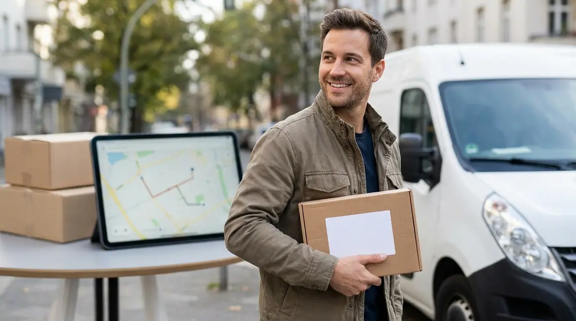Um vendedor de e-commerce sorrindo, segurando um pacote etiquetado, ao lado de um veículo de entrega. Ao fundo, um mapa de rotas logísticas em um tablet, com caixas empilhadas.
