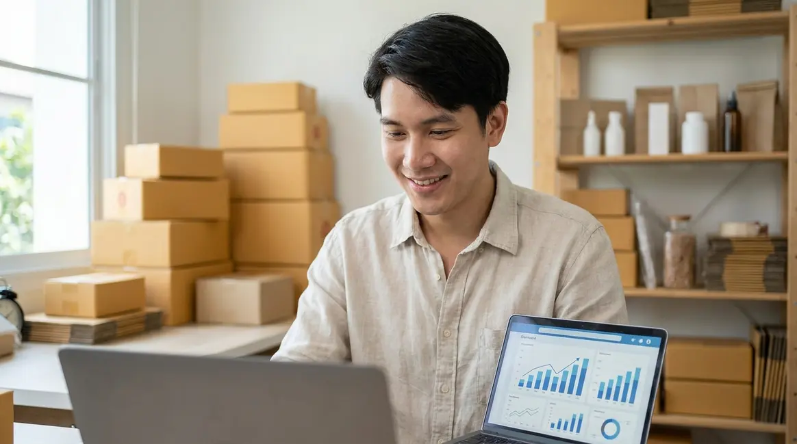 Um vendedor de e-commerce sorrindo enquanto olha para a tela de um laptop que exibe um painel de controle do Mercado Livre com gráficos de vendas em crescimento. Ao fundo, caixas de produtos embaladas e prateleiras organizadas.