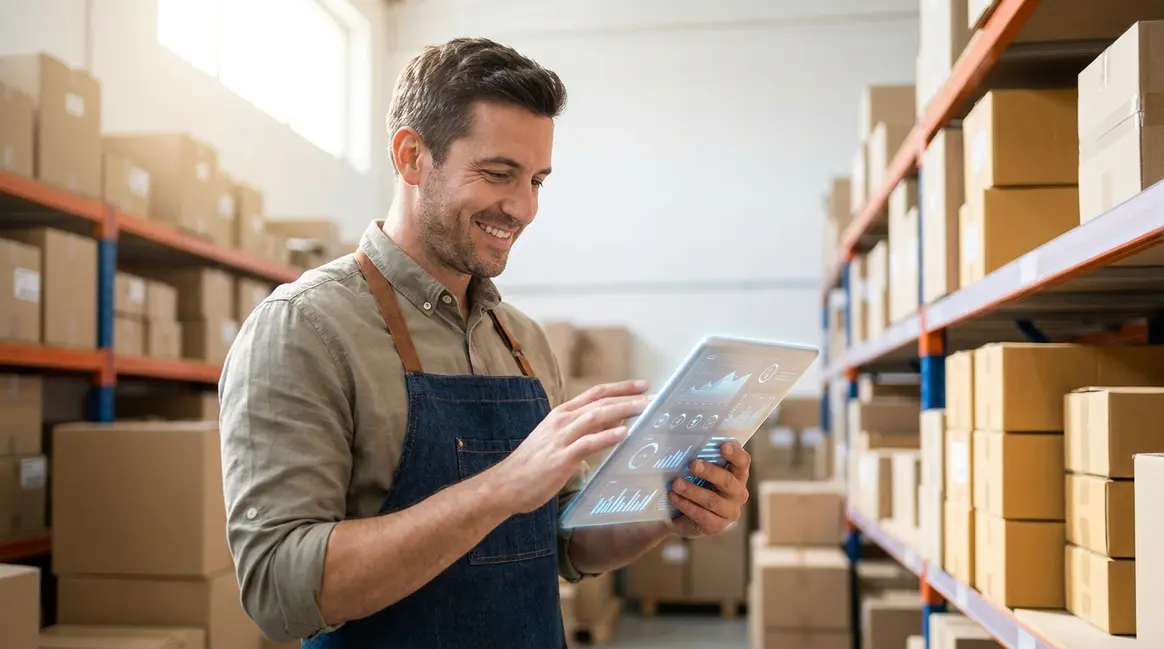 Um vendedor de e-commerce sorrindo enquanto interage com um tablet que exibe um dashboard de inteligência artificial, com caixas de produtos desfocadas ao fundo em um armazém organizado.