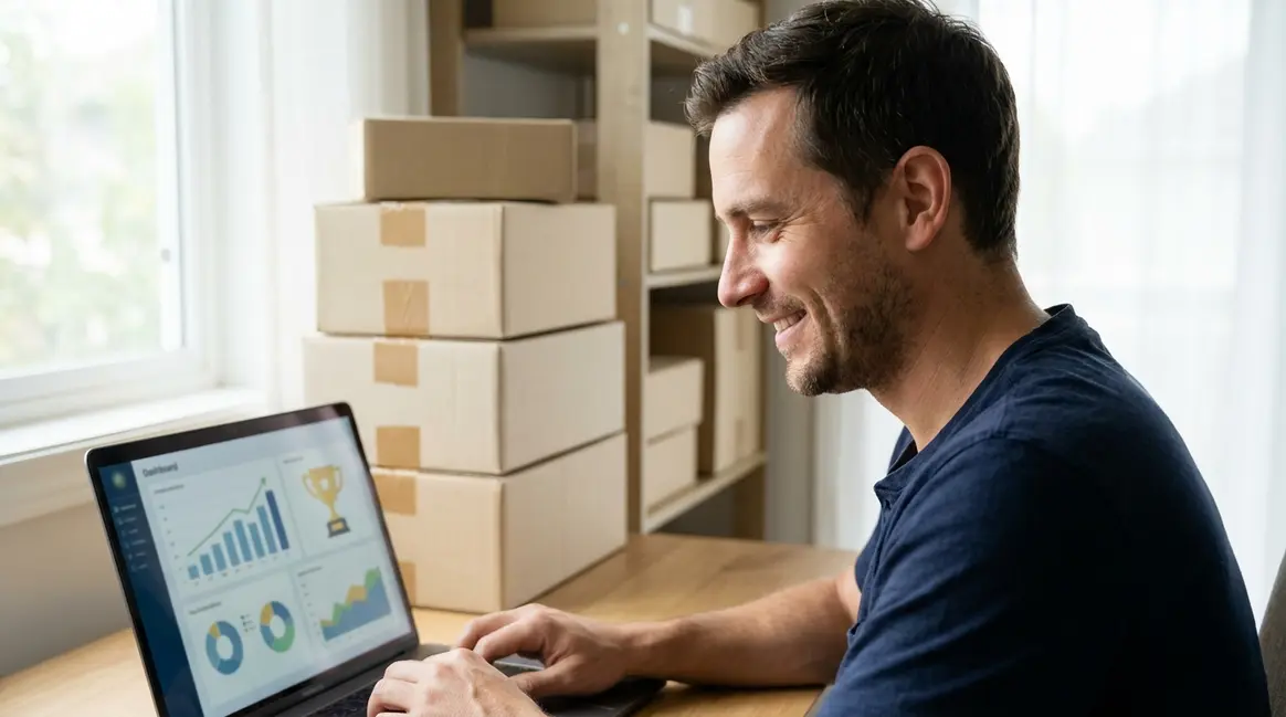 Um vendedor sorridente em seu home office, olhando para um laptop que exibe um painel de controle do Mercado Livre com gráficos de desempenho e um ícone de "recompensa". Há caixas de produtos embalados ao fundo, sugerindo um negócio próspero.