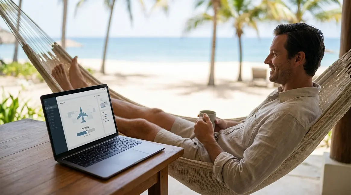 Um vendedor de e-commerce sorrindo, relaxado em uma praia ou em casa, com um laptop ao lado exibindo o painel do Mercado Livre em "Modo Avião", simbolizando a liberdade de pausar as vendas.