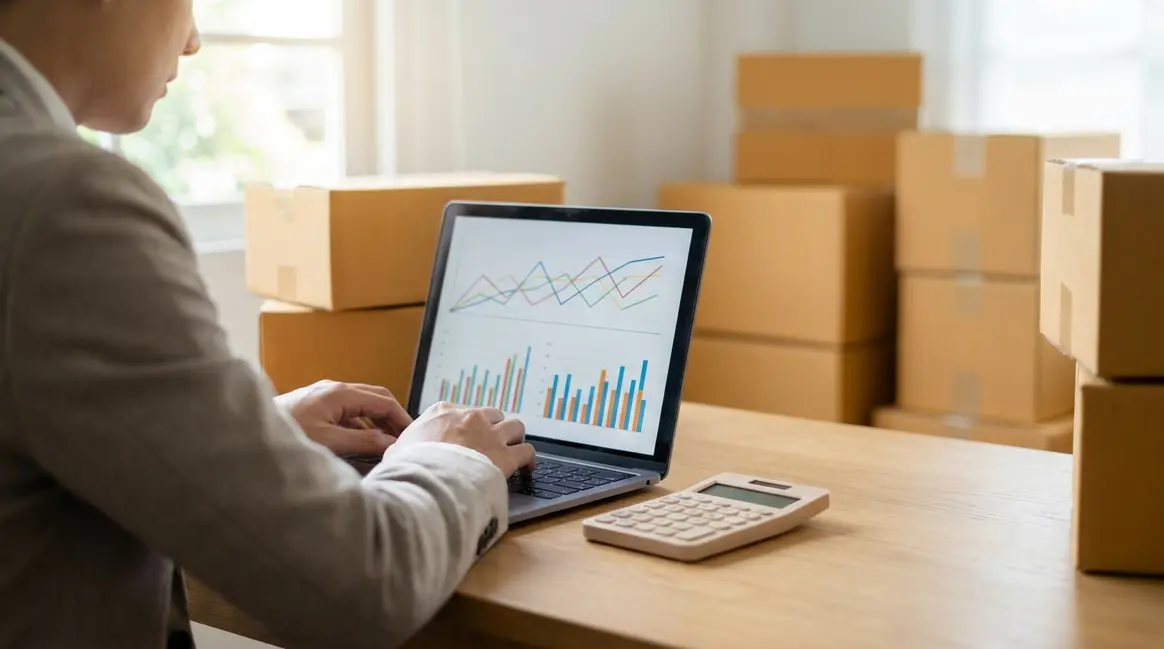 Um vendedor de e-commerce em seu escritório doméstico, olhando para um laptop que exibe um dashboard com gráficos de vendas e custos de frete. Há caixas de produtos embaladas ao fundo e uma calculadora sobre a mesa, simbolizando a revisão de custos.