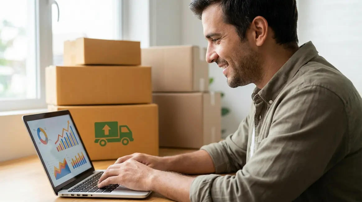 Um vendedor de e-commerce sorrindo enquanto olha para um laptop exibindo um dashboard de vendas do Mercado Livre com gráficos em alta. Ao fundo, caixas de produtos embaladas e prontas para envio, com um adesivo de 'frete grátis' em destaque em uma das caixas.