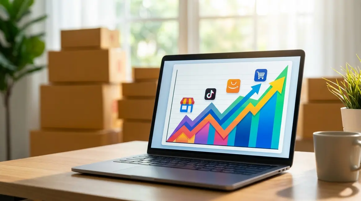Um painel de controle de anúncios digitais em um laptop, com gráficos de crescimento e ícones de marketplaces como Mercado Livre e Shopee, em um ambiente de escritório de e-commerce com caixas de produtos ao fundo.