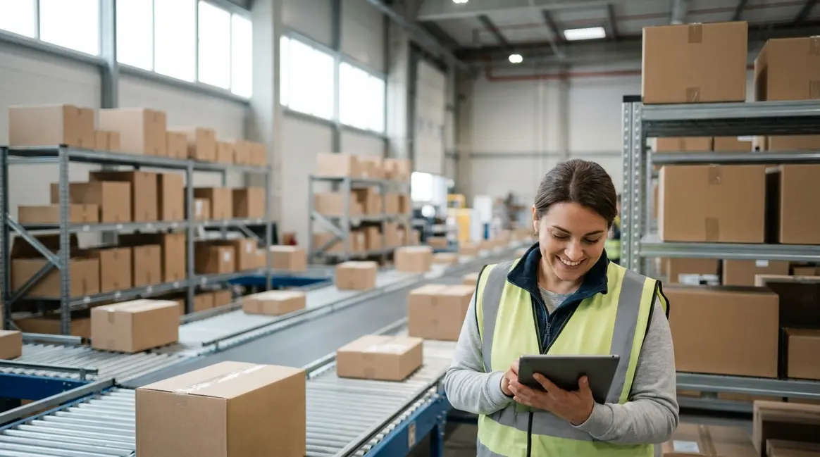 Armazém moderno de e-commerce com caixas empilhadas, esteiras de pacotes e um trabalhador verificando um tablet com um sorriso, simbolizando eficiência logística.