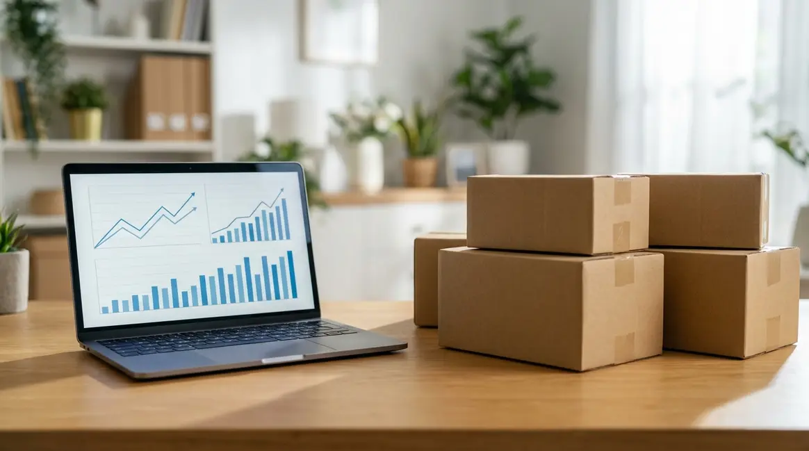 Mesa de escritório com um laptop exibindo gráficos de vendas crescentes, ao lado de caixas de encomendas prontas para envio, simbolizando o aumento da demanda para vendedores nacionais.