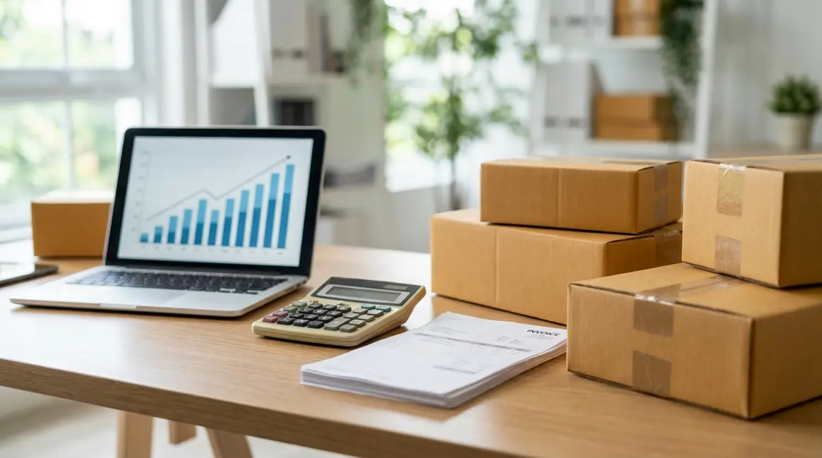 Mesa de escritório com um laptop exibindo um gráfico de vendas, ao lado de uma calculadora, notas fiscais e caixas de produtos embalados, com foco na gestão financeira de um vendedor de e-commerce.