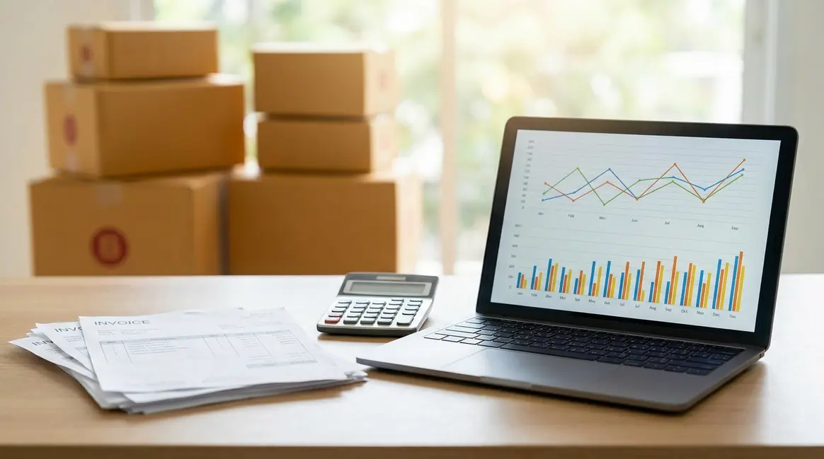 Mesa de escritório com notas fiscais, calculadora, um laptop exibindo gráficos de vendas e caixas de produtos ao fundo, simbolizando a gestão fiscal e logística de um vendedor de e-commerce.