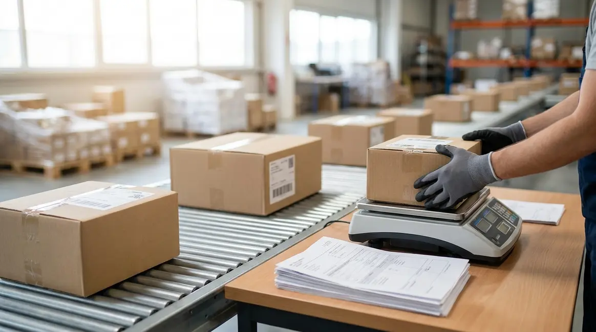 Pacotes de e-commerce com etiquetas de envio internacional sendo inspecionados em uma esteira, com uma balança digital e documentos fiscais ao lado, em um ambiente de logística.