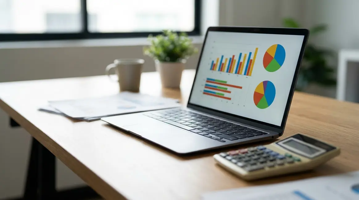 Mesa de escritório com um laptop exibindo gráficos de vendas, notas fiscais e uma calculadora, simbolizando a análise de custos e impostos para um vendedor de marketplace.