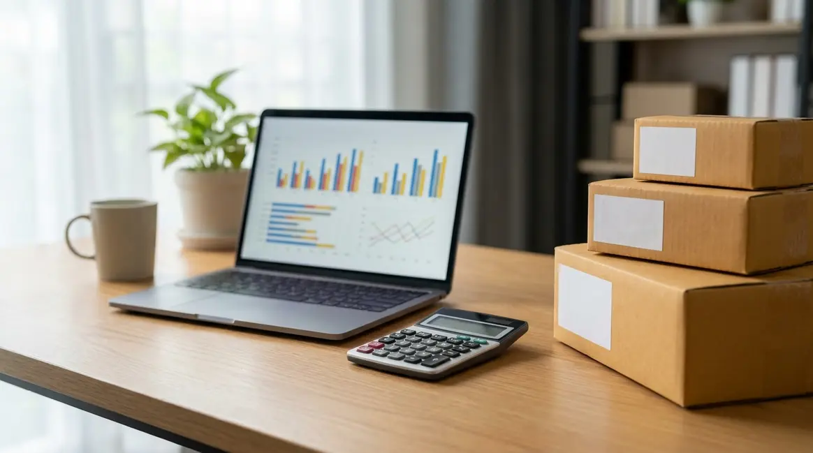 Mesa de escritório com um laptop exibindo gráficos de vendas e uma calculadora, ao lado de caixas de produtos embalados e etiquetas de envio, simbolizando a gestão de um e-commerce em um ambiente de home office.