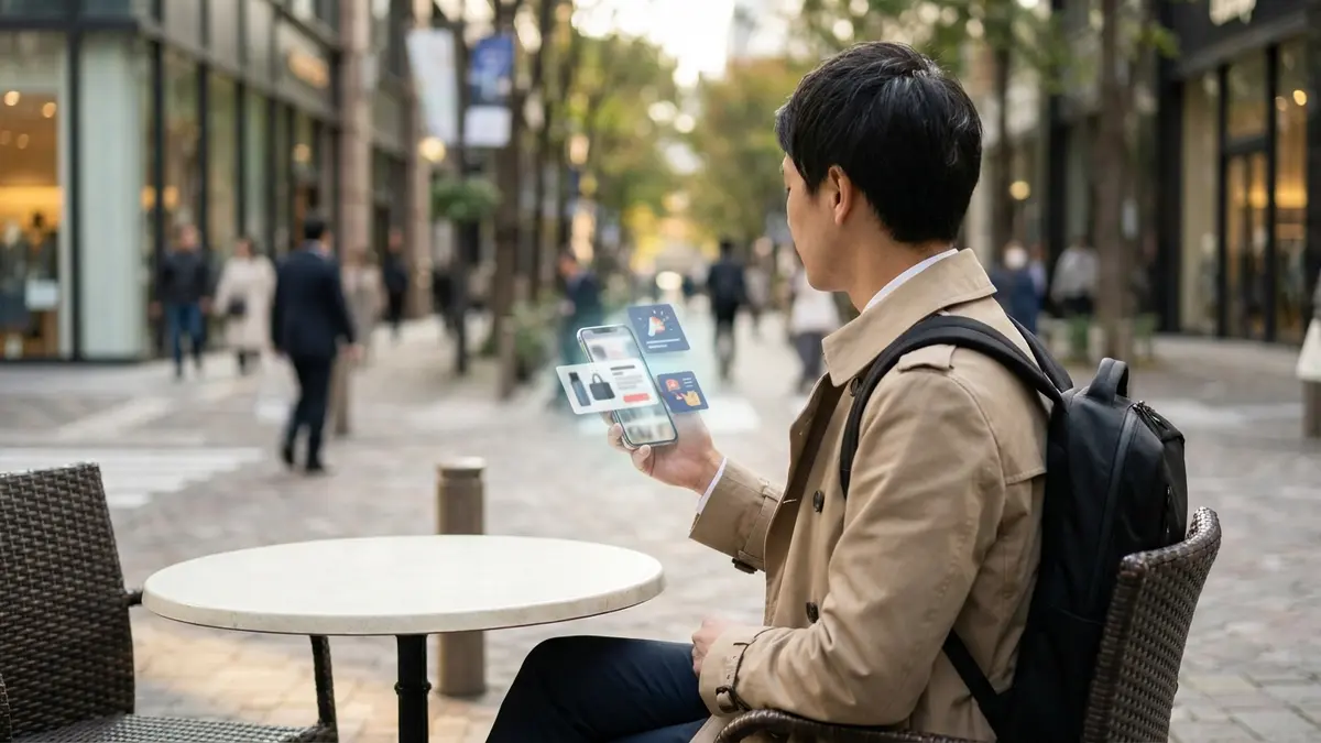 Pessoa olhando o celular com anúncios digitais em tela, em um ambiente de loja.