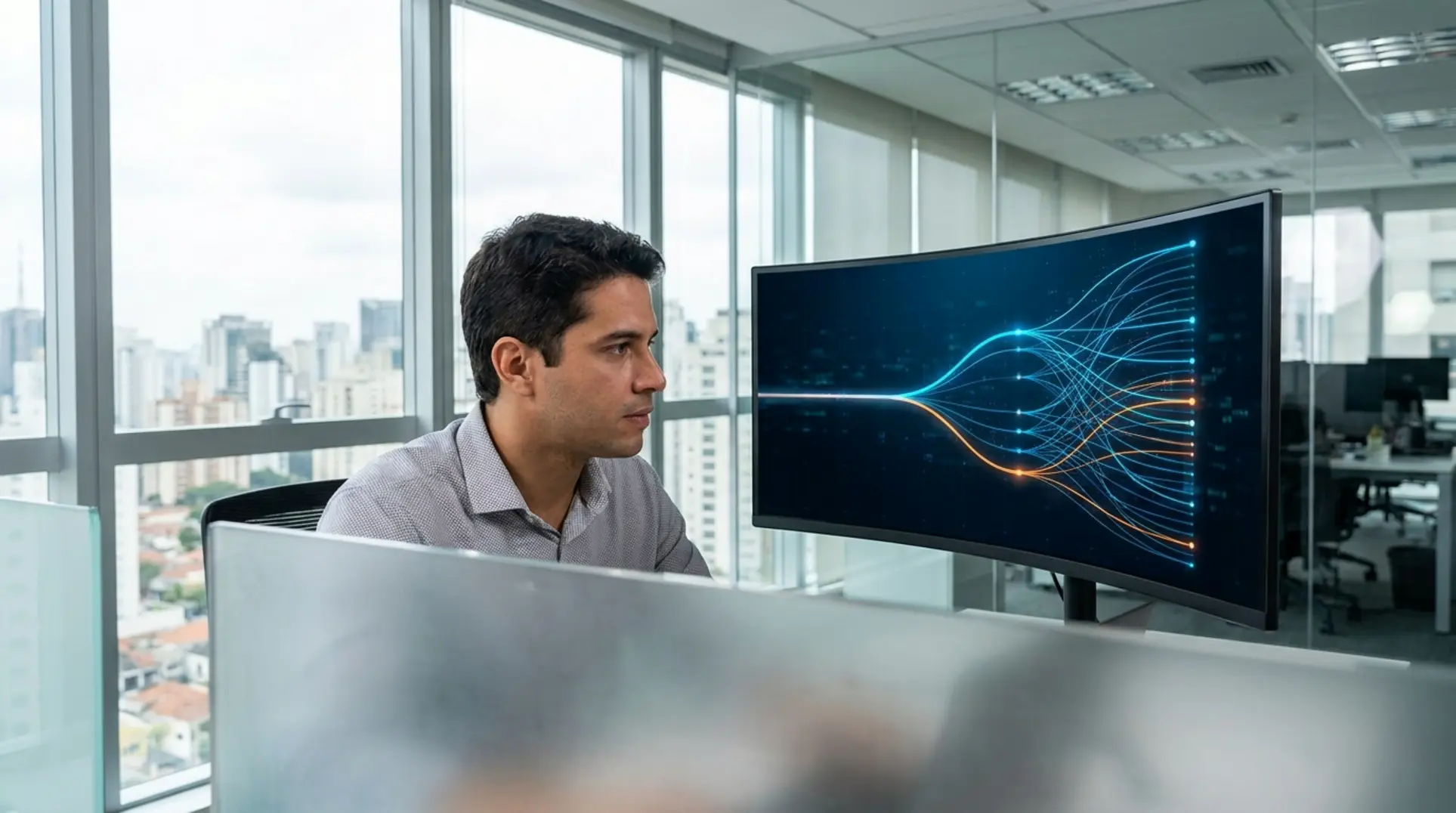 Empreendedor analisando dados em um monitor para decidir entre anúncio clássico ou premium.