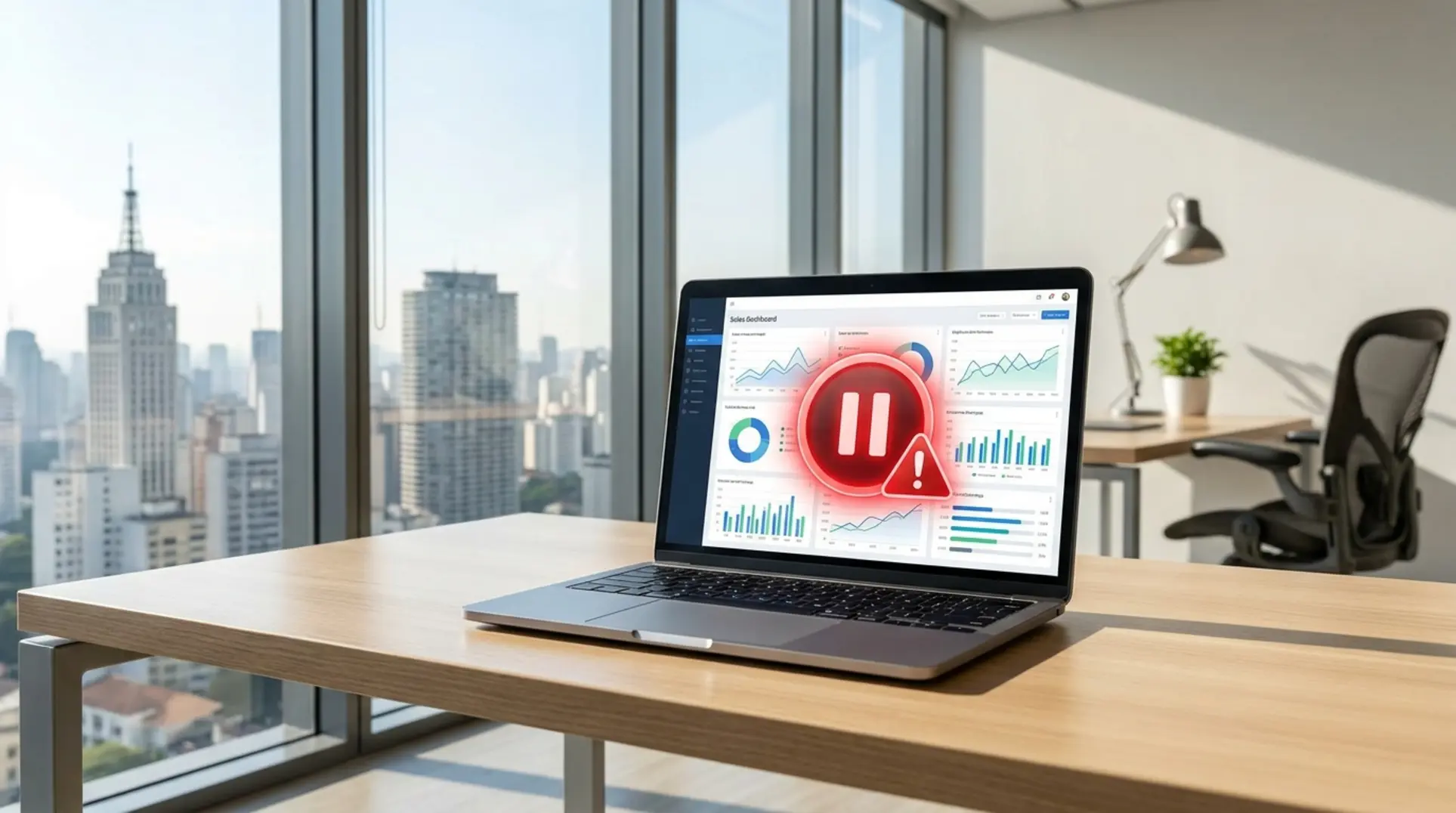 Empresário analisando um dashboard com um alerta de anúncio pausado no Mercado Livre em seu escritório.
