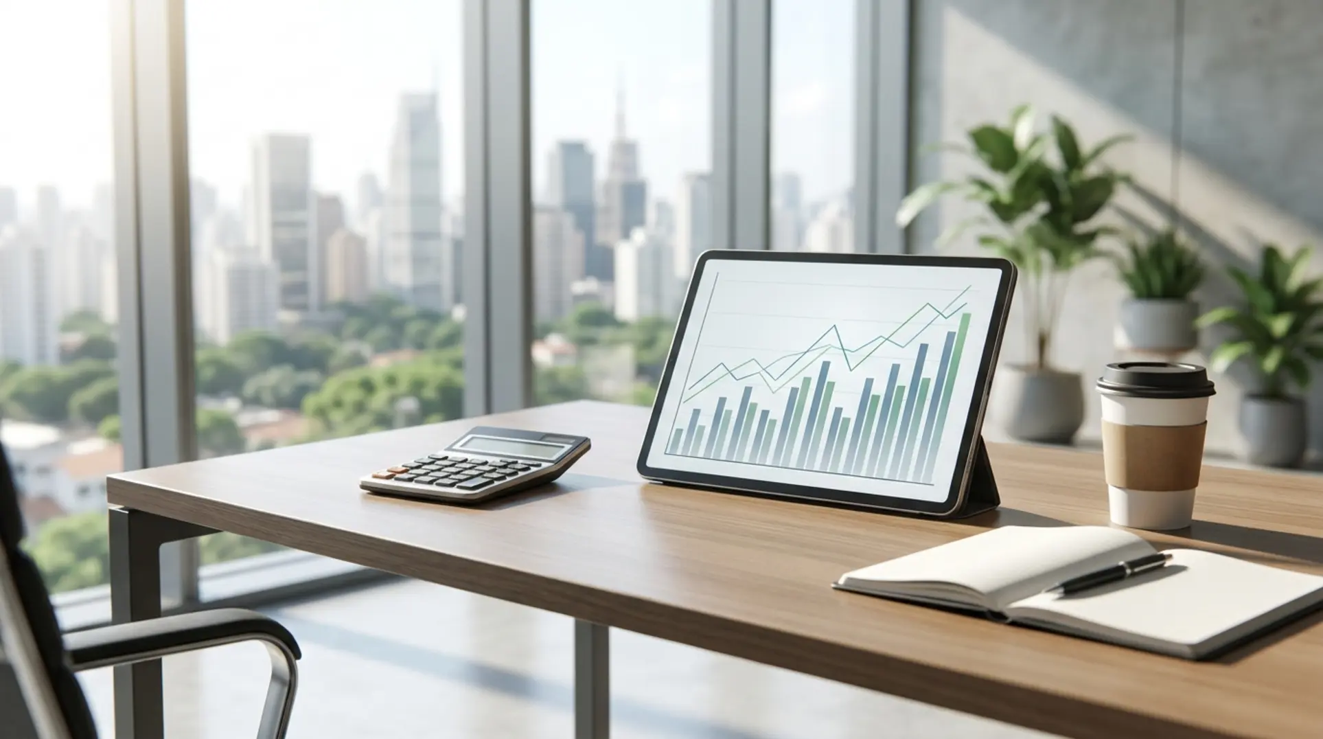 Mesa de escritório com tablet e calculadora para calcular o lucro no Mercado Livre.