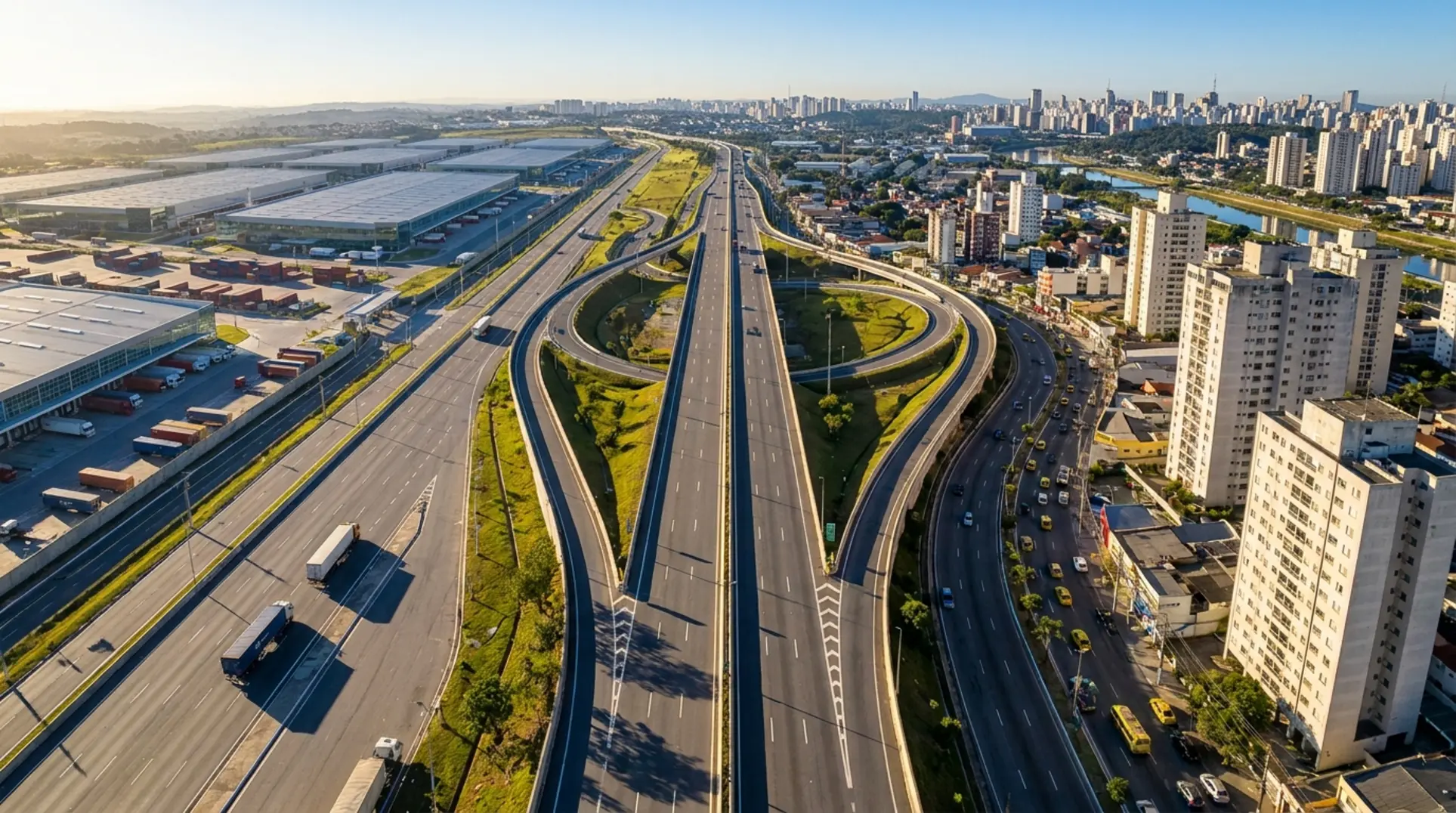 Encruzilhada com caminho para um galpão e uma cidade, simbolizando custos Mercado Envios Full vs. Flex.