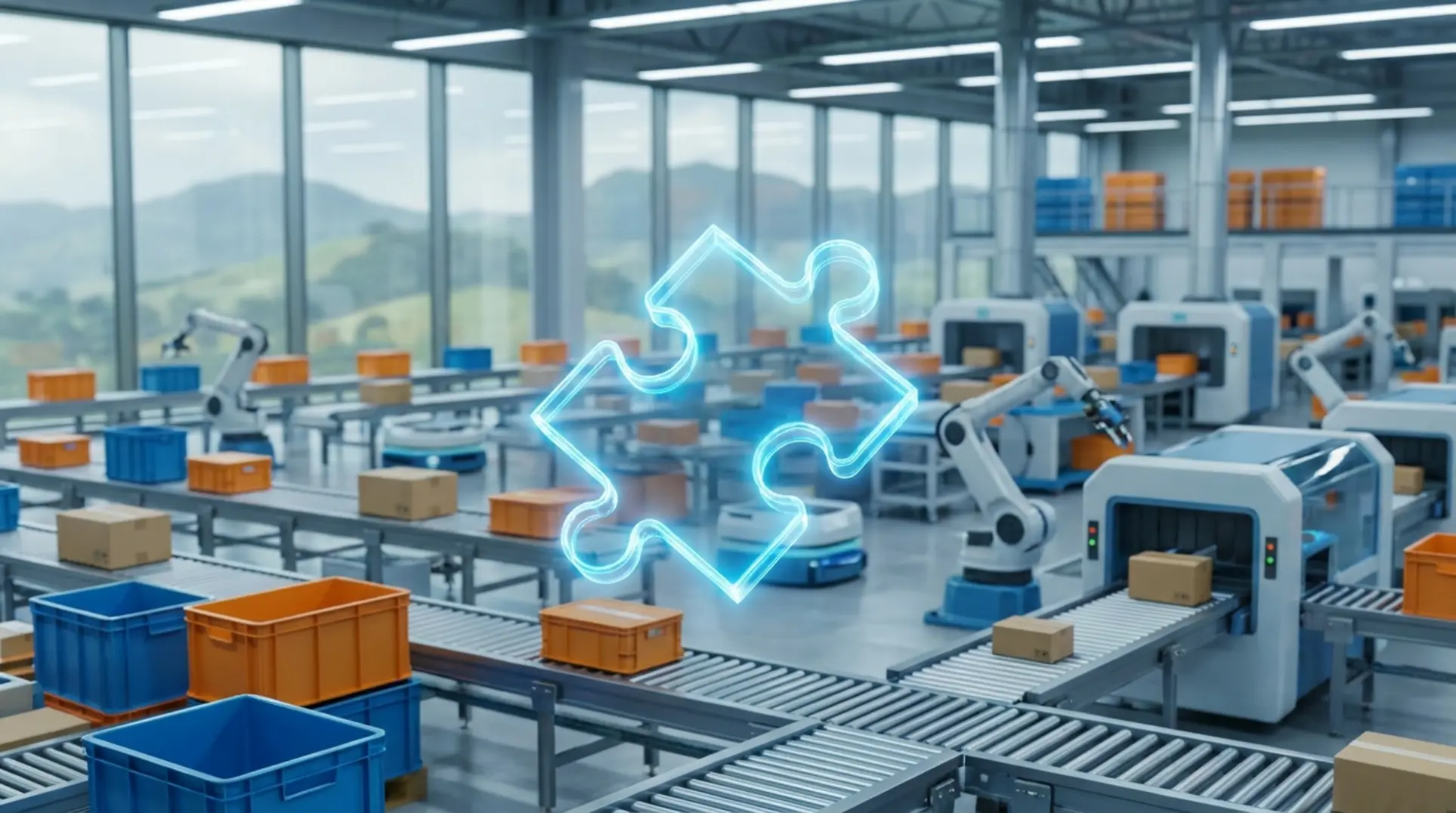 Peça de quebra-cabeça holográfica flutuando em um moderno centro de distribuição representando os custos do Mercado Livre Full.