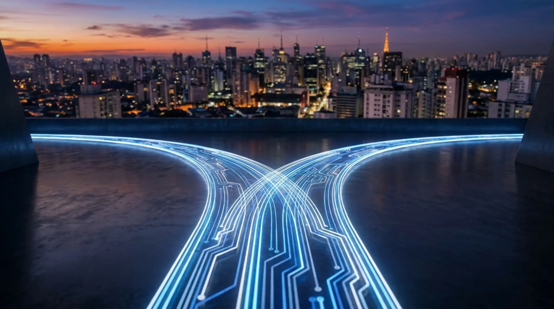 Caminho digital dividido em dois simbolizando a escolha estratégica entre mercado livre full ou flex.