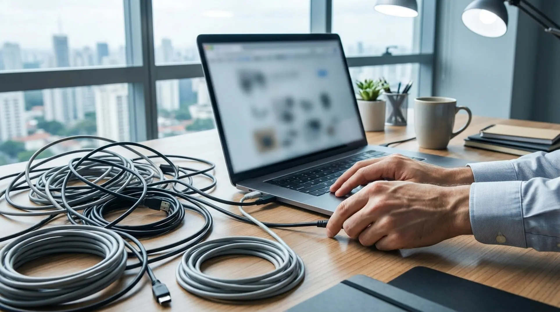 Mãos organizando um emaranhado de cabos de computador simbolizando a solução para uma conta suspensa mercado livre.