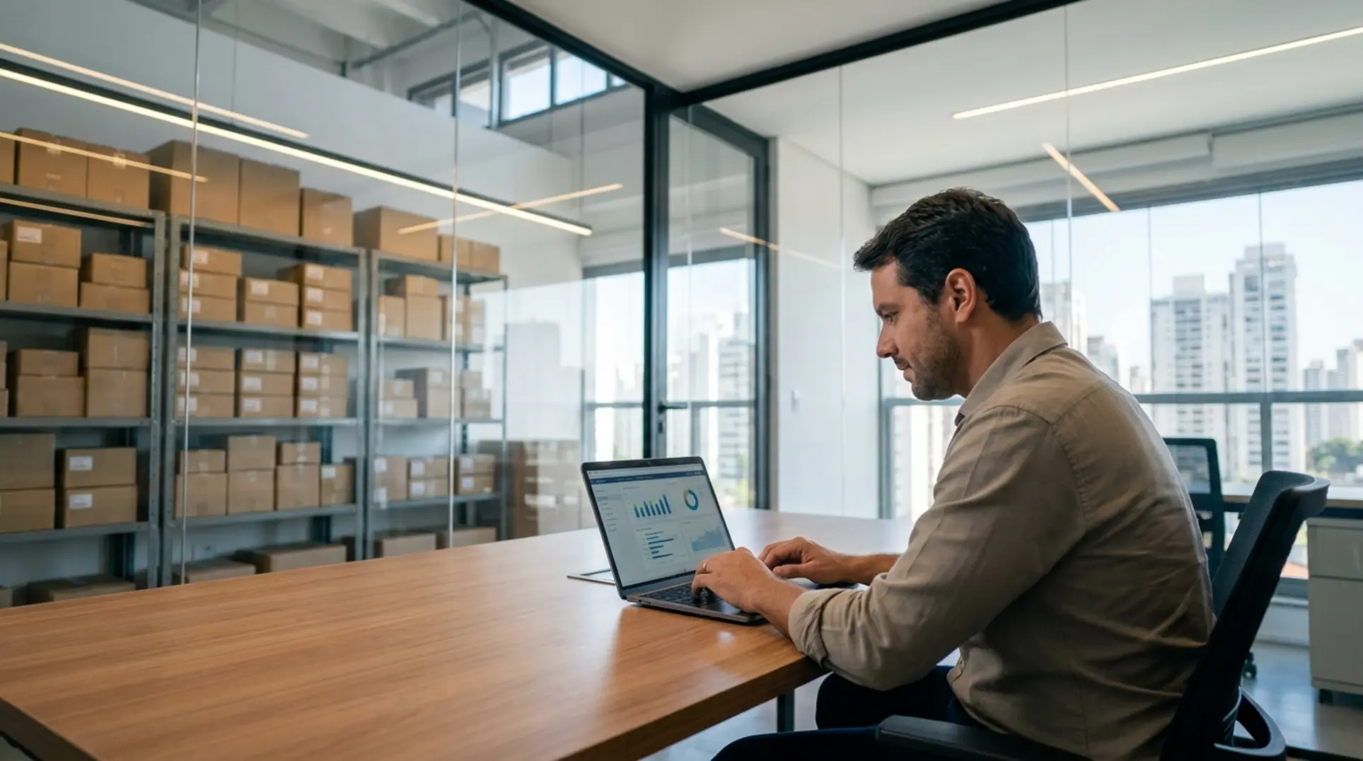 Empreendedor em escritório moderno otimizando a qualidade do anúncio Mercado Livre em seu notebook.