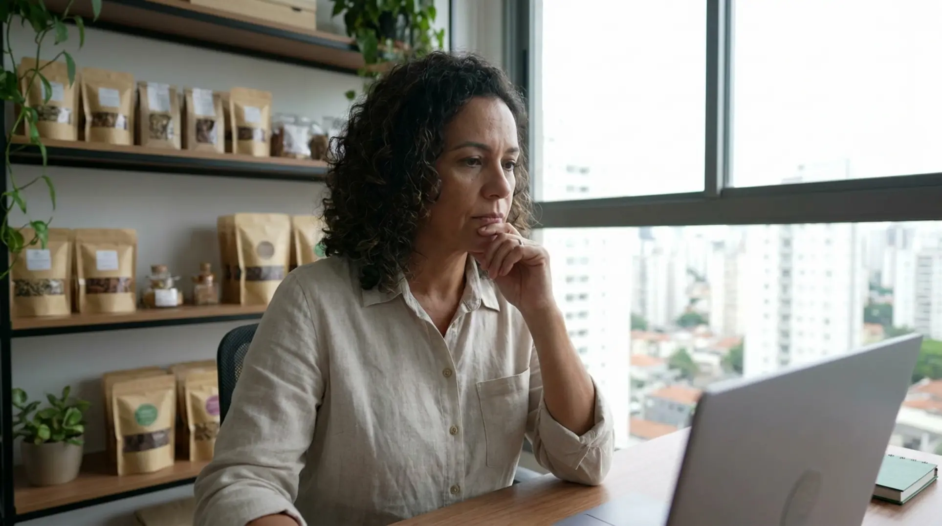 Vendedor analisa em seu laptop a melhor forma de cancelar venda no Mercado Livre.