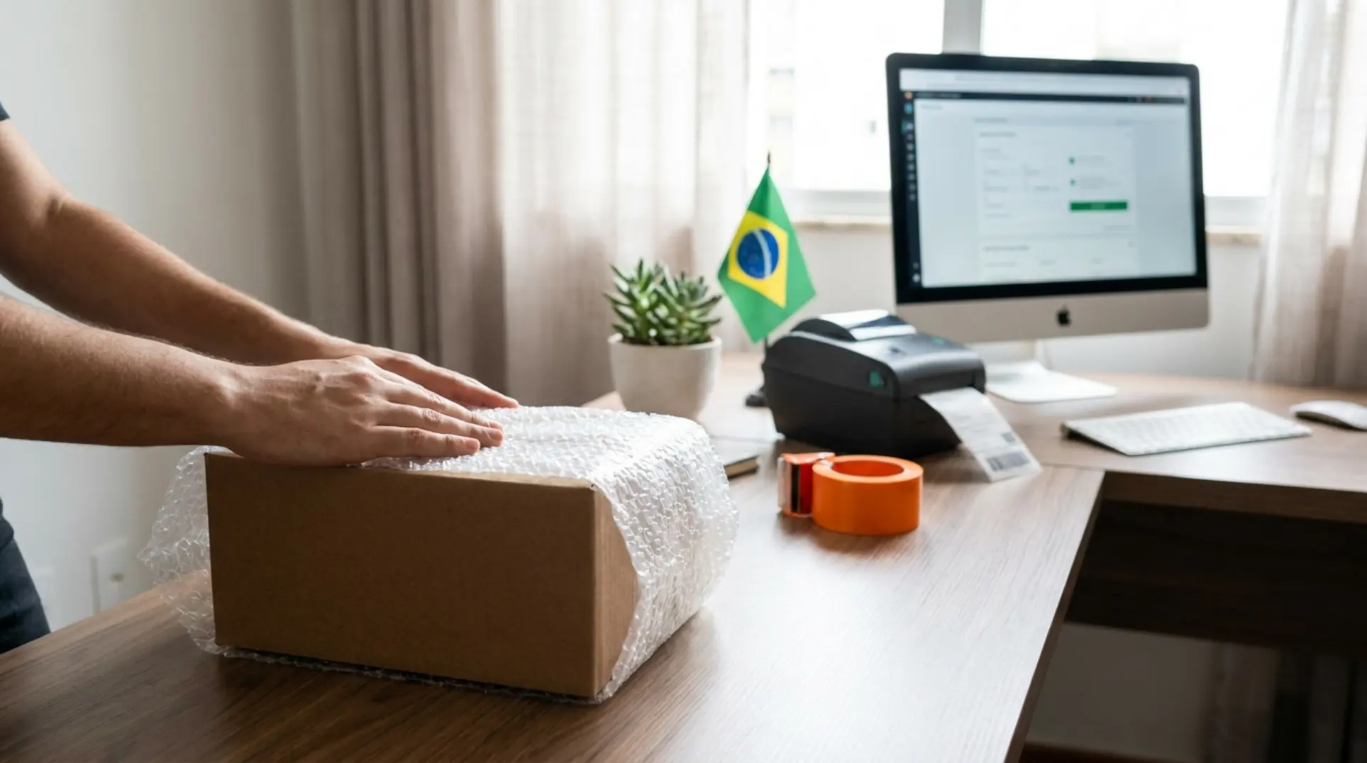 Vendedor preparando um pacote em uma mesa organizada para a logística da Shopee no Brasil.