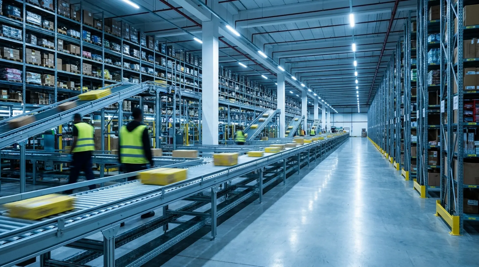 Centro de distribuição moderno do Mercado Livre Full com prateleiras altas e esteiras automáticas.